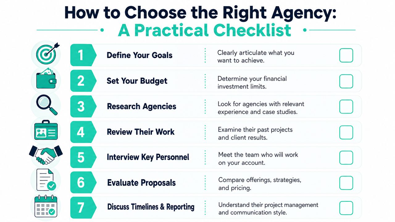 A checklist infographic titled How to Choose the Right Agency with seven actionable steps for selection.