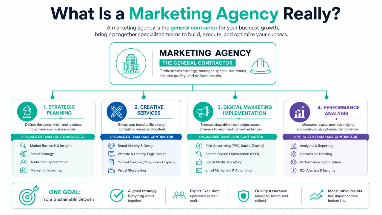 An infographic diagram explaining the role of a marketing agency as a general contractor for business growth.