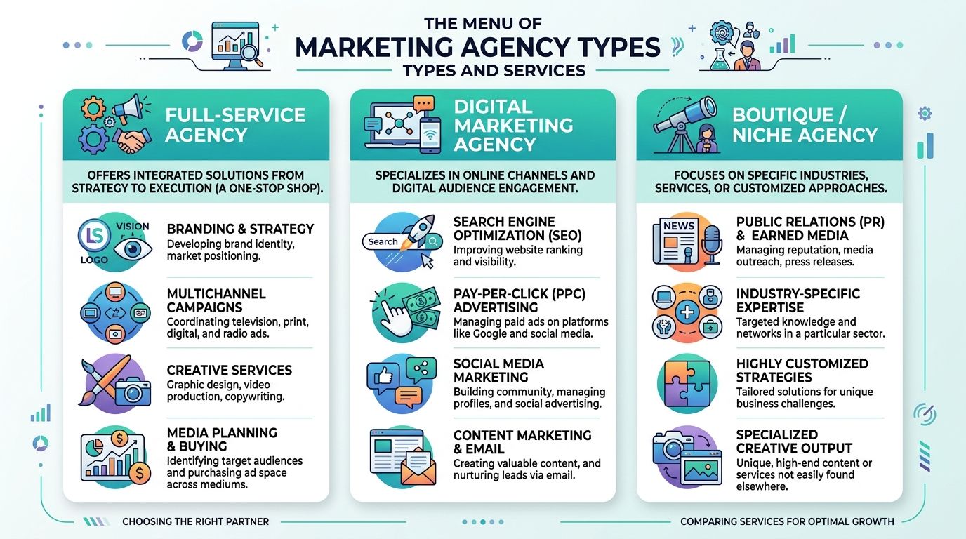 An infographic titled The Menu of Marketing Agency Types comparing Full-Service, Digital, and Boutique/Niche agencies.