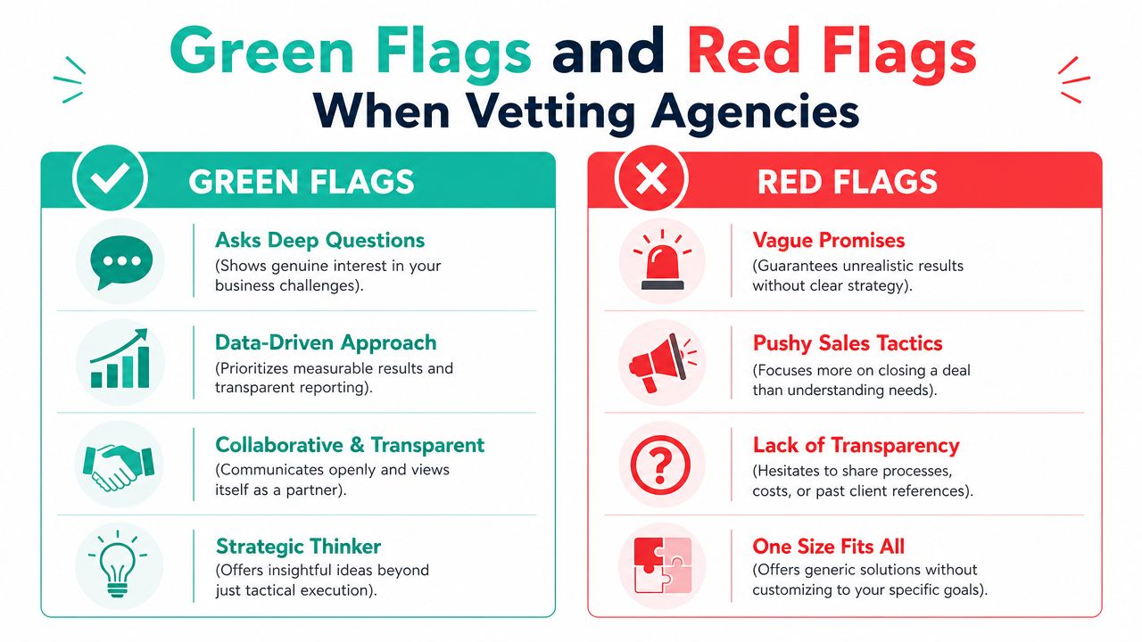 A comparative infographic highlighting green flags and red flags to watch for when vetting marketing agencies.