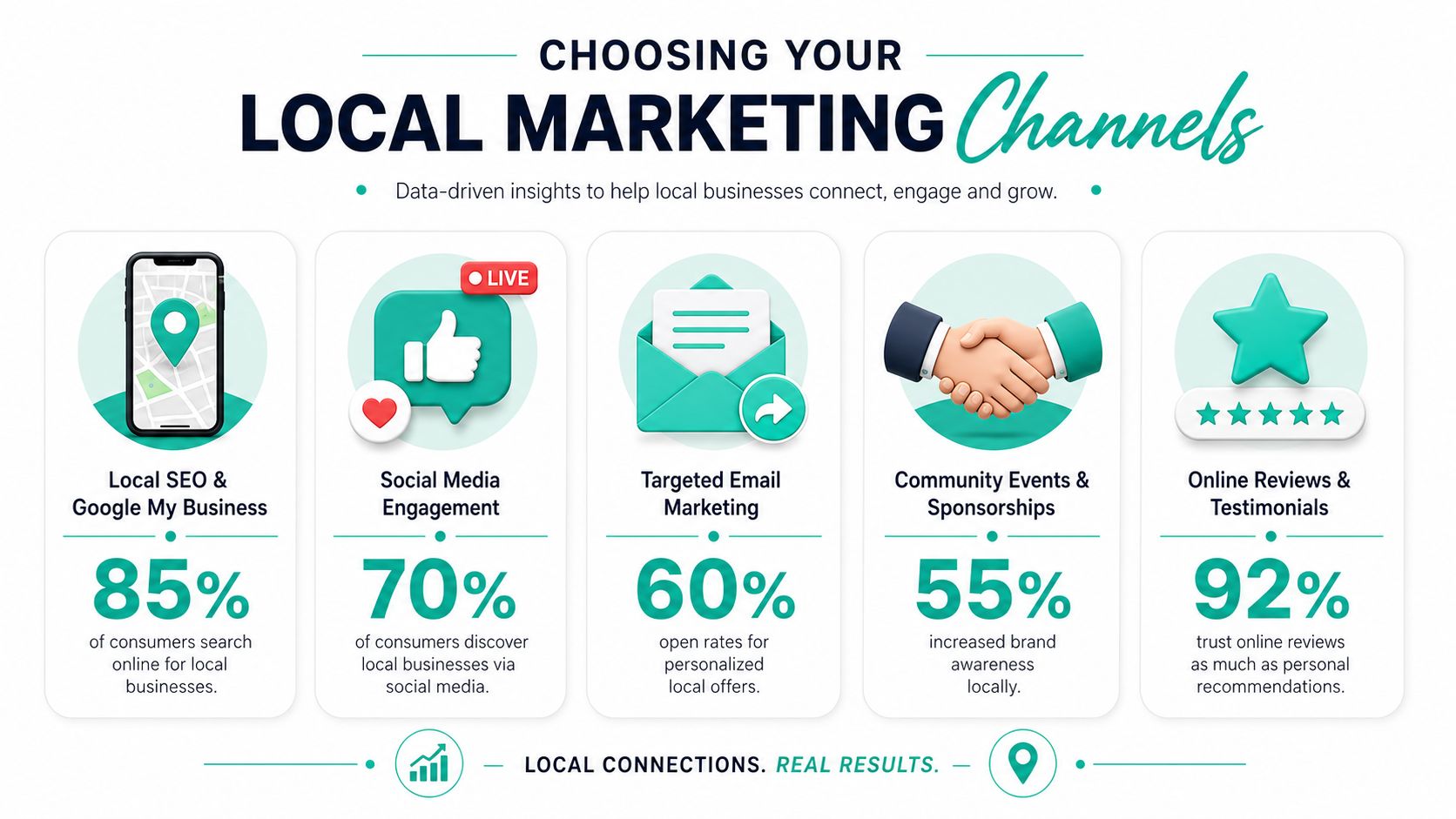 An infographic illustrating effective local marketing channels and their associated consumer behavior statistics for small businesses.