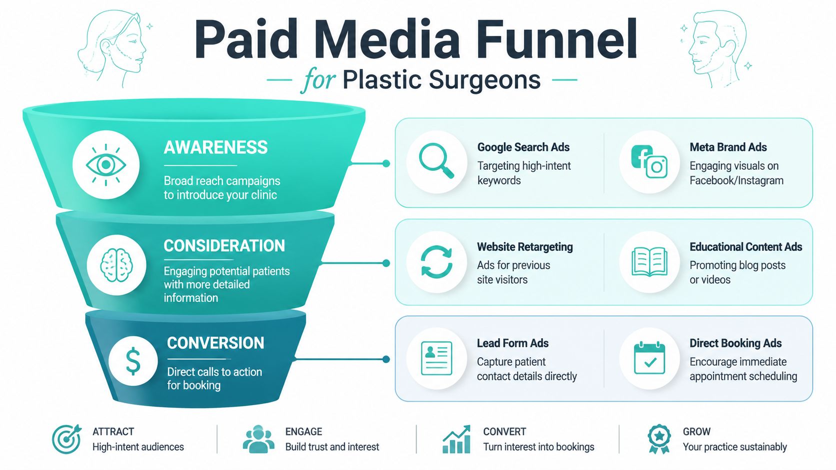 A funnel diagram illustrating paid media marketing strategies for plastic surgeons to attract and convert patients.