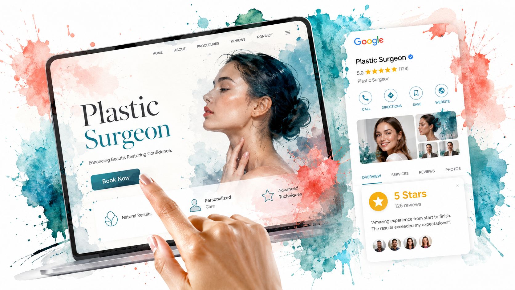 A hand touching a tablet screen showing a website for a plastic surgeon alongside a Google review.