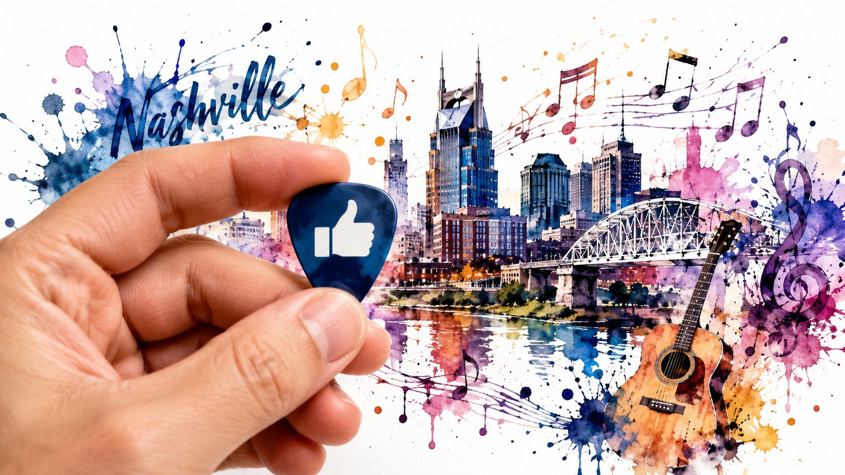 A hand holding a guitar pick with a thumbs up icon against a watercolor Nashville cityscape background.