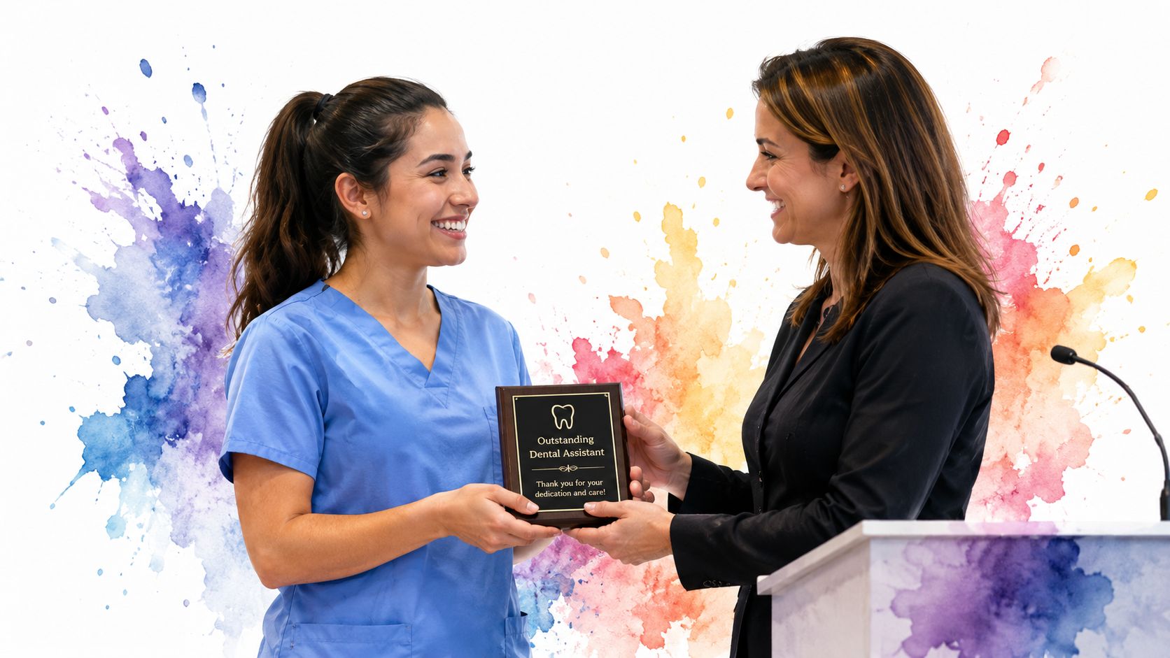 A professional woman presenting an Outstanding Dental Assistant award to a smiling female dental assistant at podium.