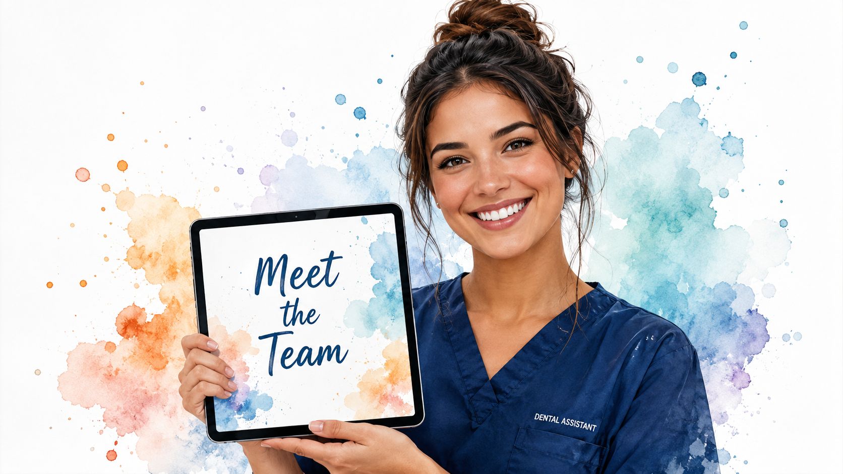 A friendly dental assistant smiling while holding a tablet that displays the text Meet the Team.