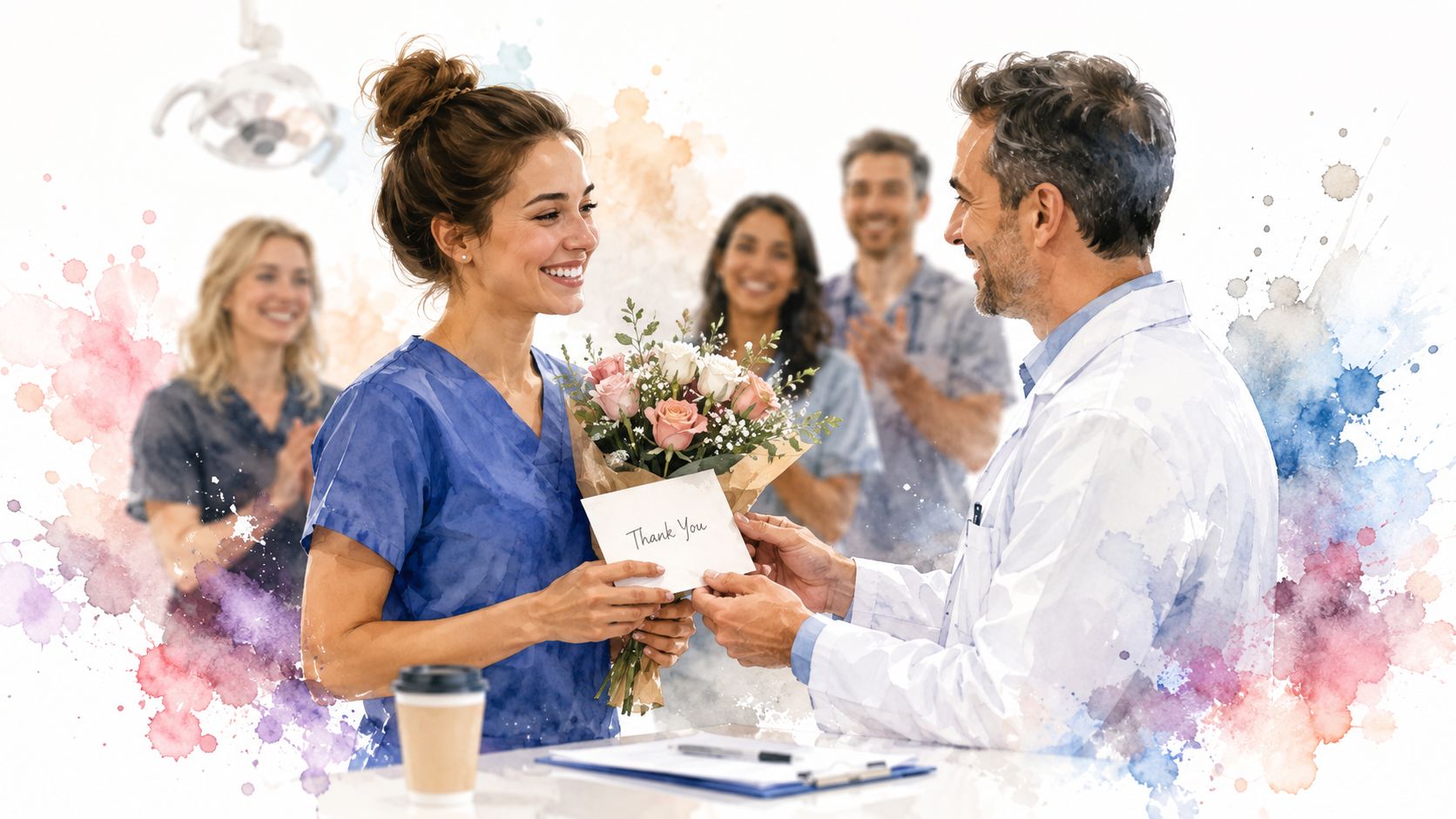 A professional dentist presenting a bouquet of roses and a thank you note to a dental assistant.