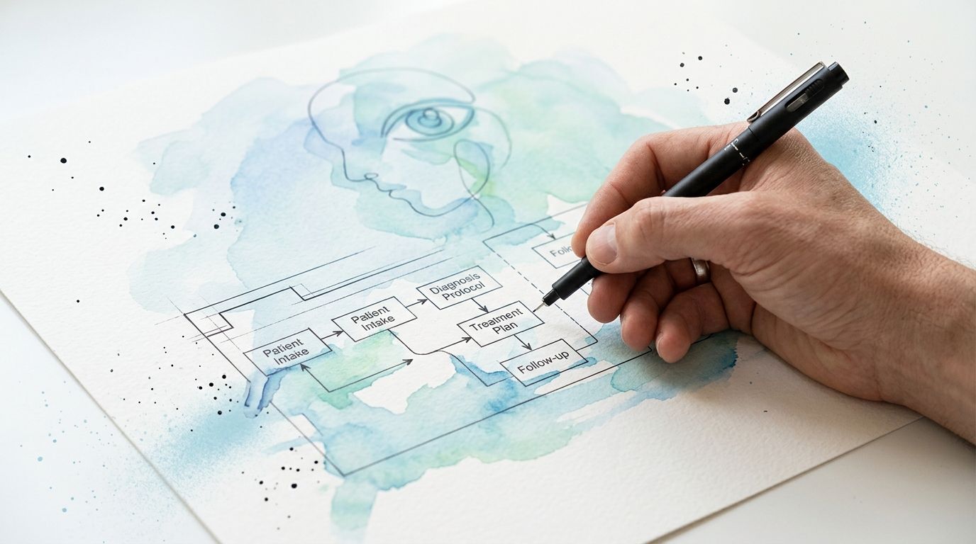 A hand draws a clinical workflow diagram on paper featuring a watercolor illustration of a human face.