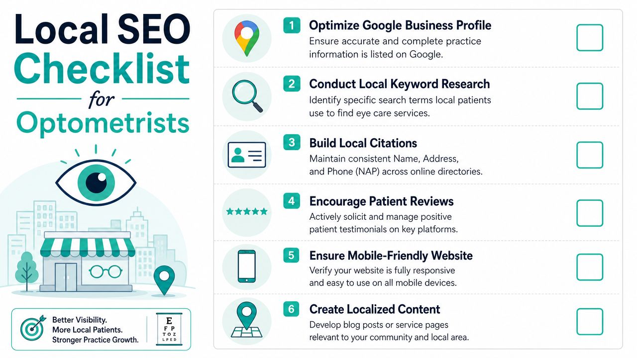 A six-point local SEO checklist infographic designed specifically for optometrists to improve their online search visibility.