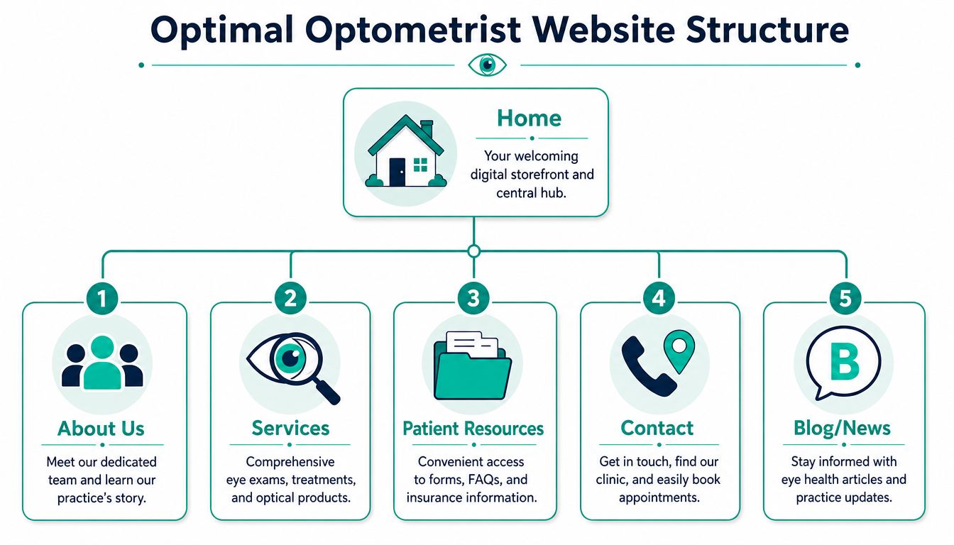 A diagram illustrating the optimal website structure for an optometrist office, showing home page and five key navigation sections.