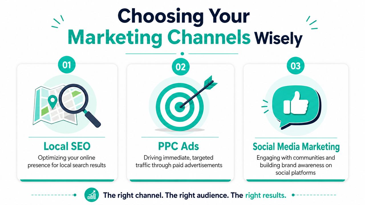 A marketing infographic illustrating three core strategies: local SEO, PPC ads, and social media marketing for businesses.
