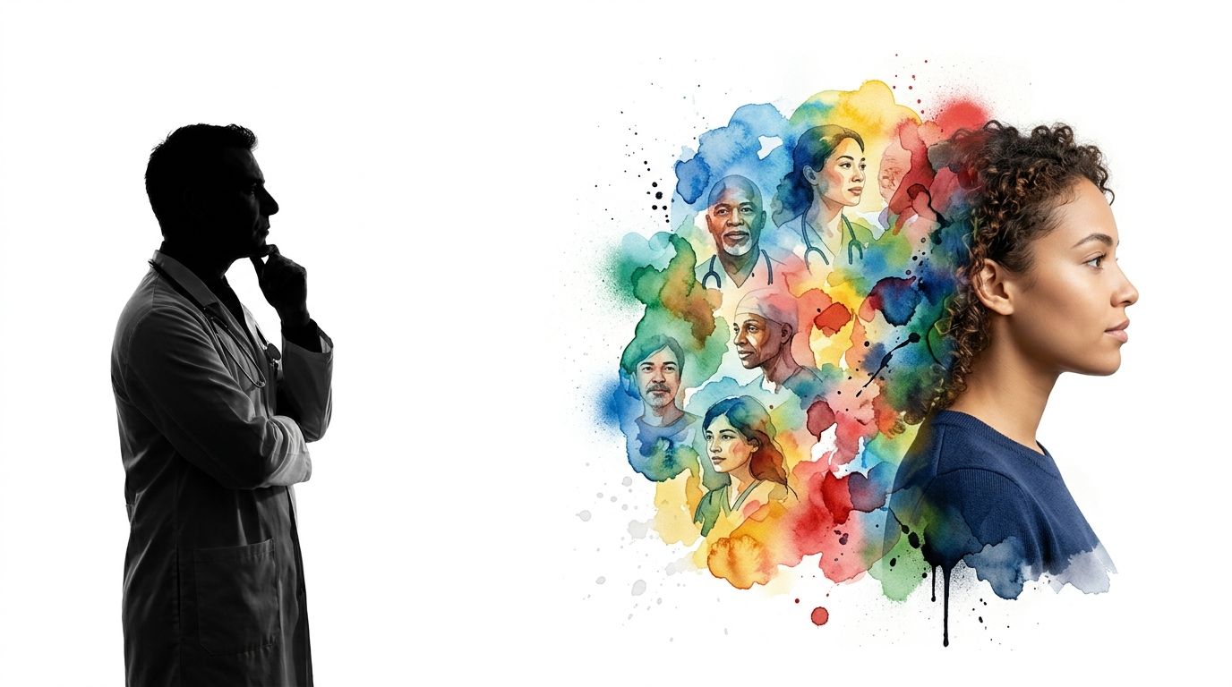 A silhouette of a doctor reflecting on diverse medical professionals and a patient in a conceptual illustration.