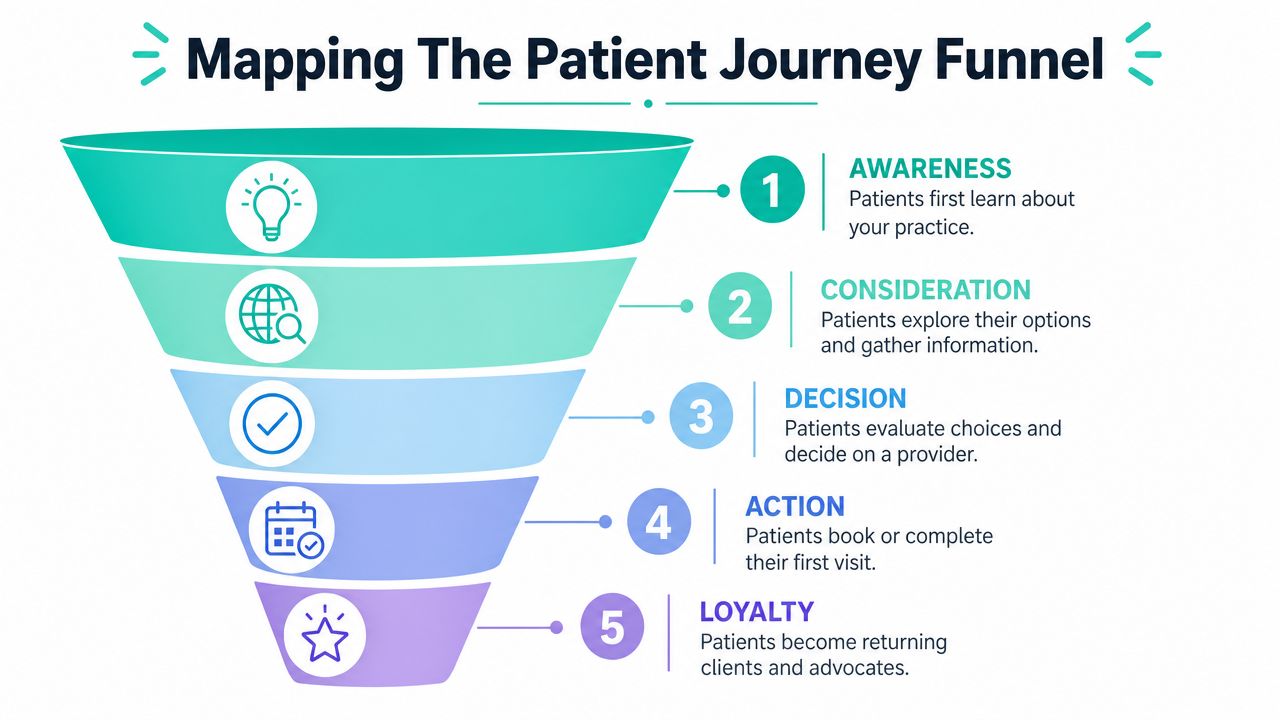 A five-stage patient journey funnel diagram showing the progression from awareness to long-term patient loyalty.