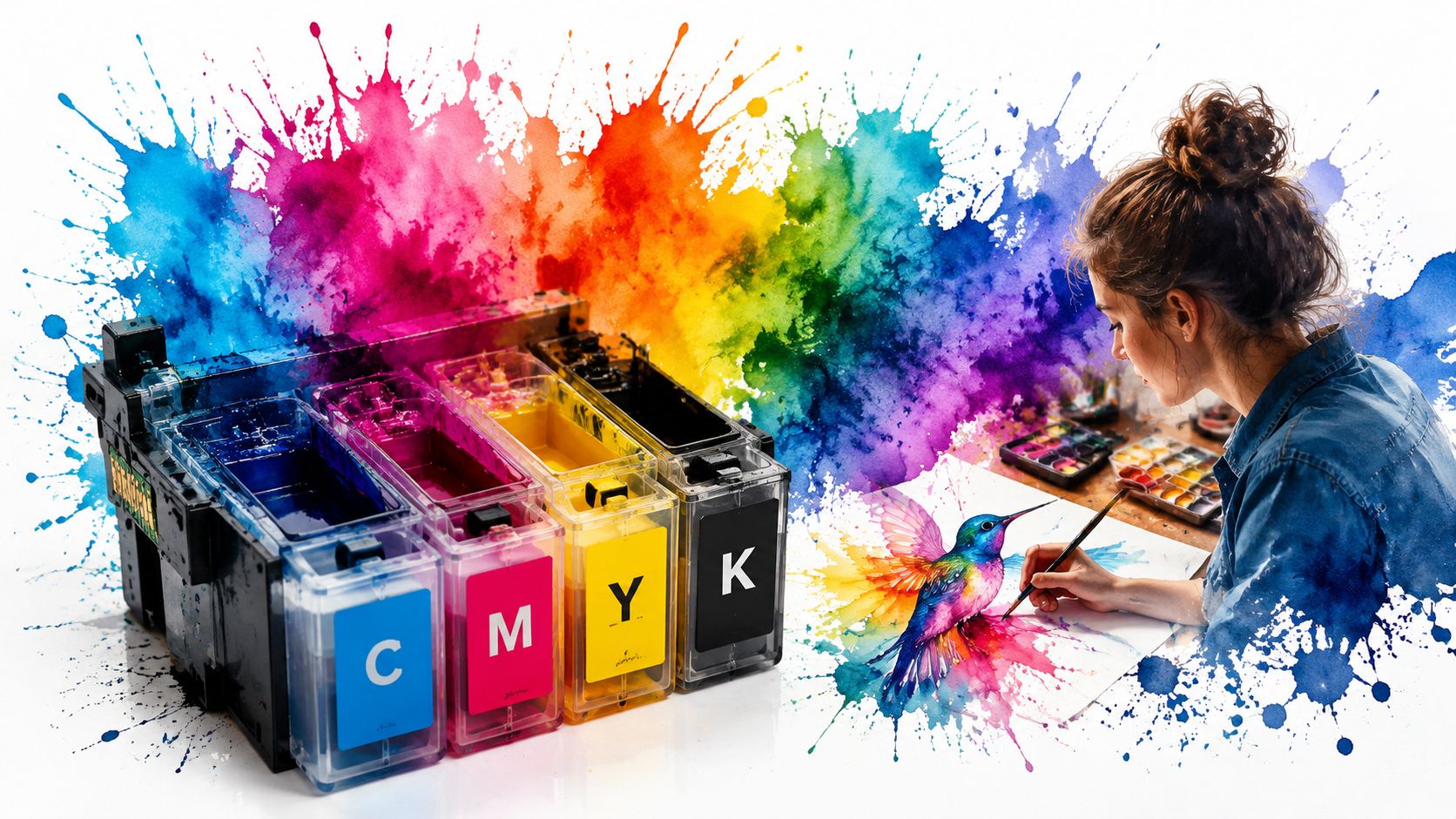 A conceptual image featuring CMYK ink cartridges next to an artist painting a colorful hummingbird illustration.