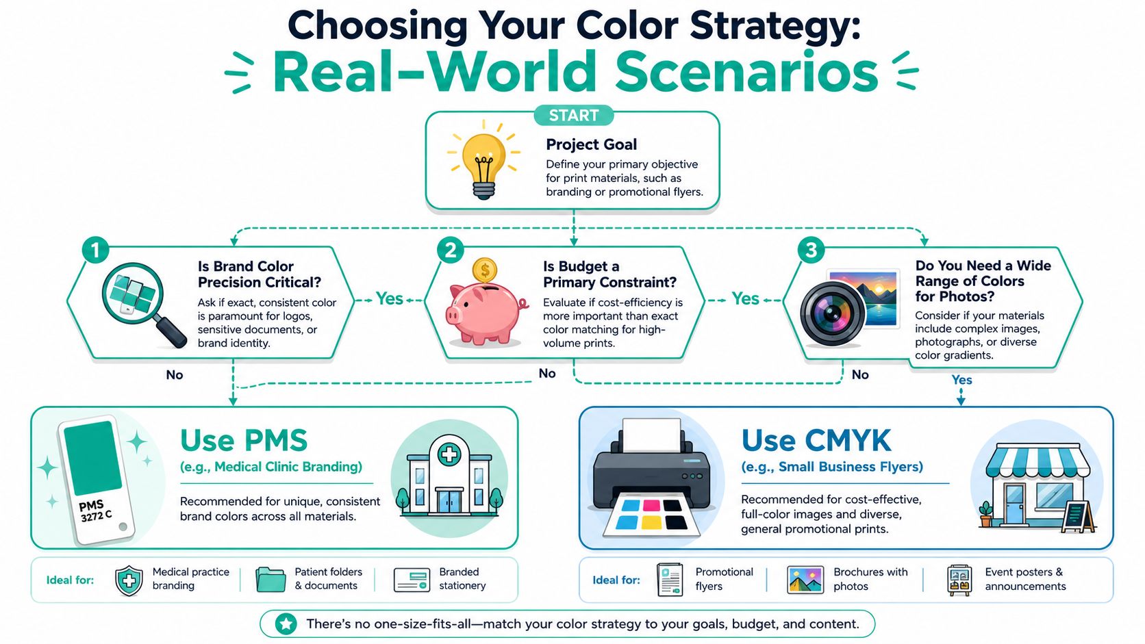 A flowchart explaining how to choose between PMS and CMYK color printing based on branding, budget, and content.