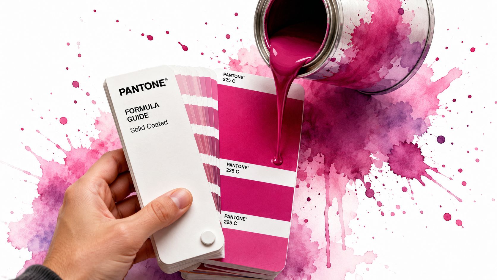 A hand holding a Pantone color guide fan with bright magenta ink pouring from a metal can.