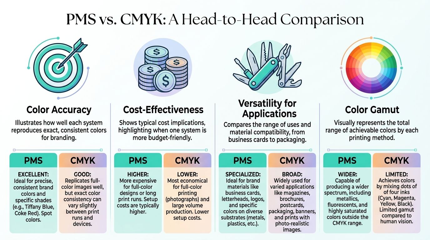 A comparison chart outlining the key differences between PMS and CMYK printing color systems for design.