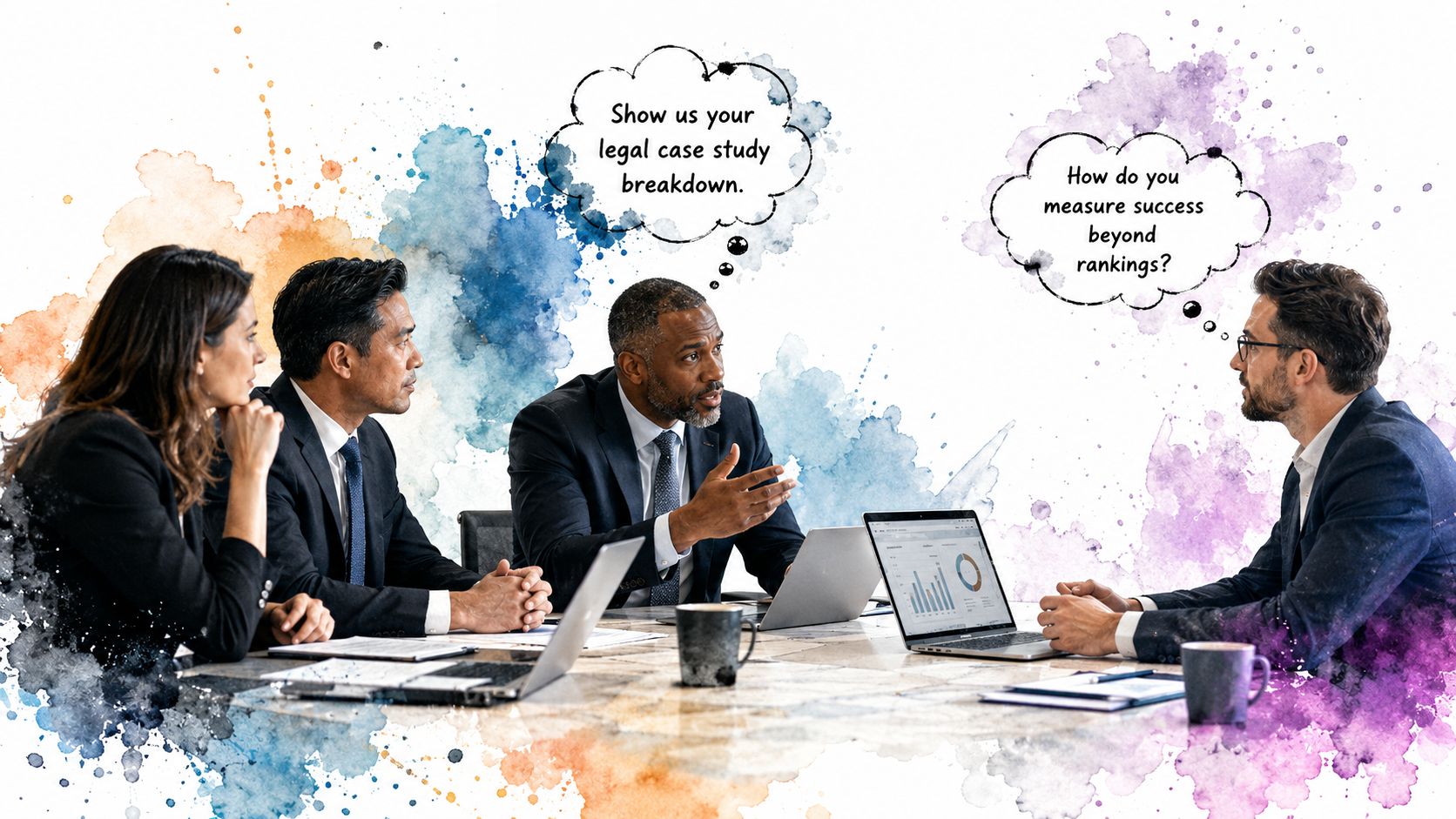 A professional business meeting with a group of people discussing legal strategies and performance metrics.