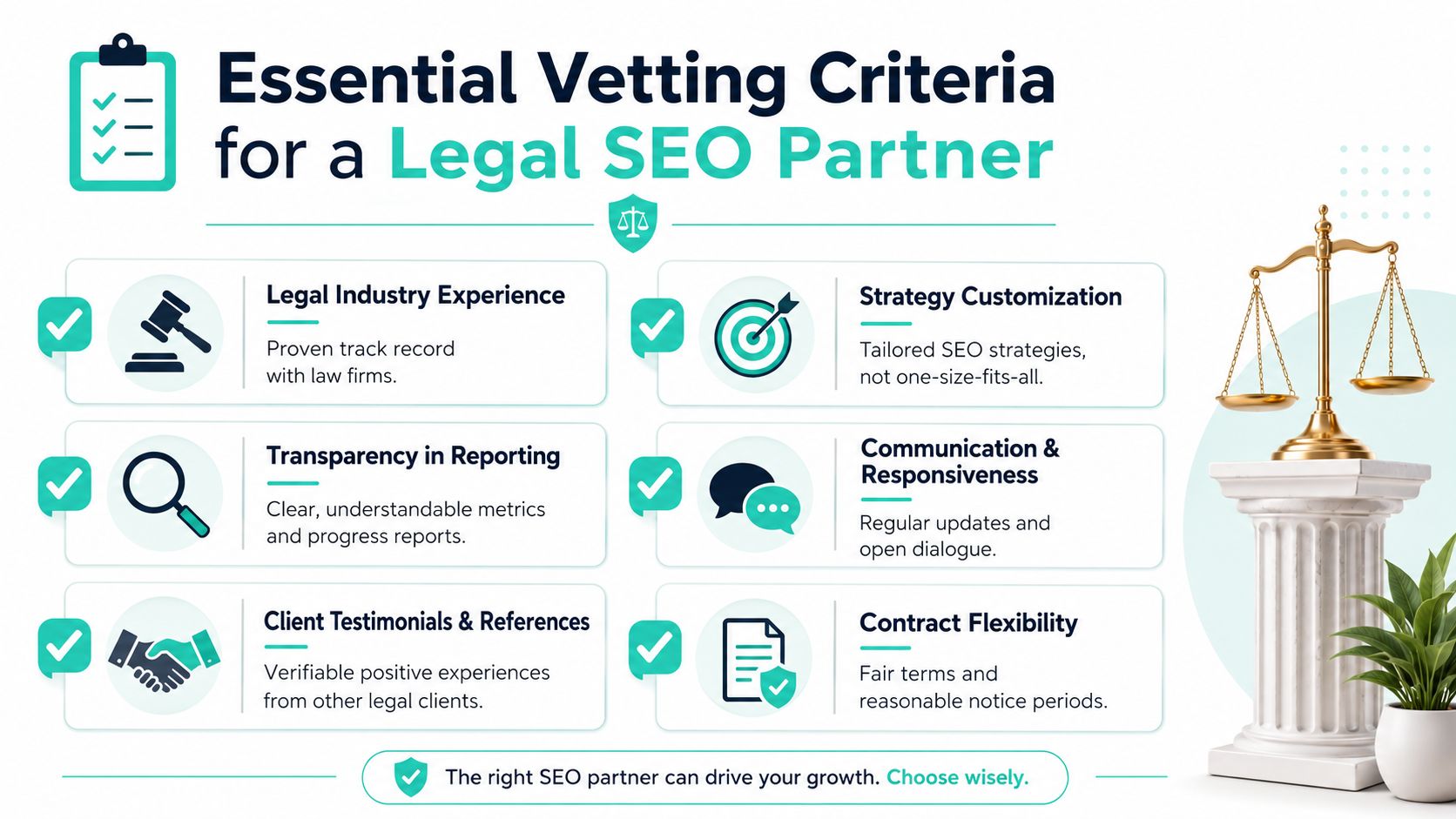 A professional infographic outlining six essential vetting criteria for choosing an effective legal SEO partner firm.