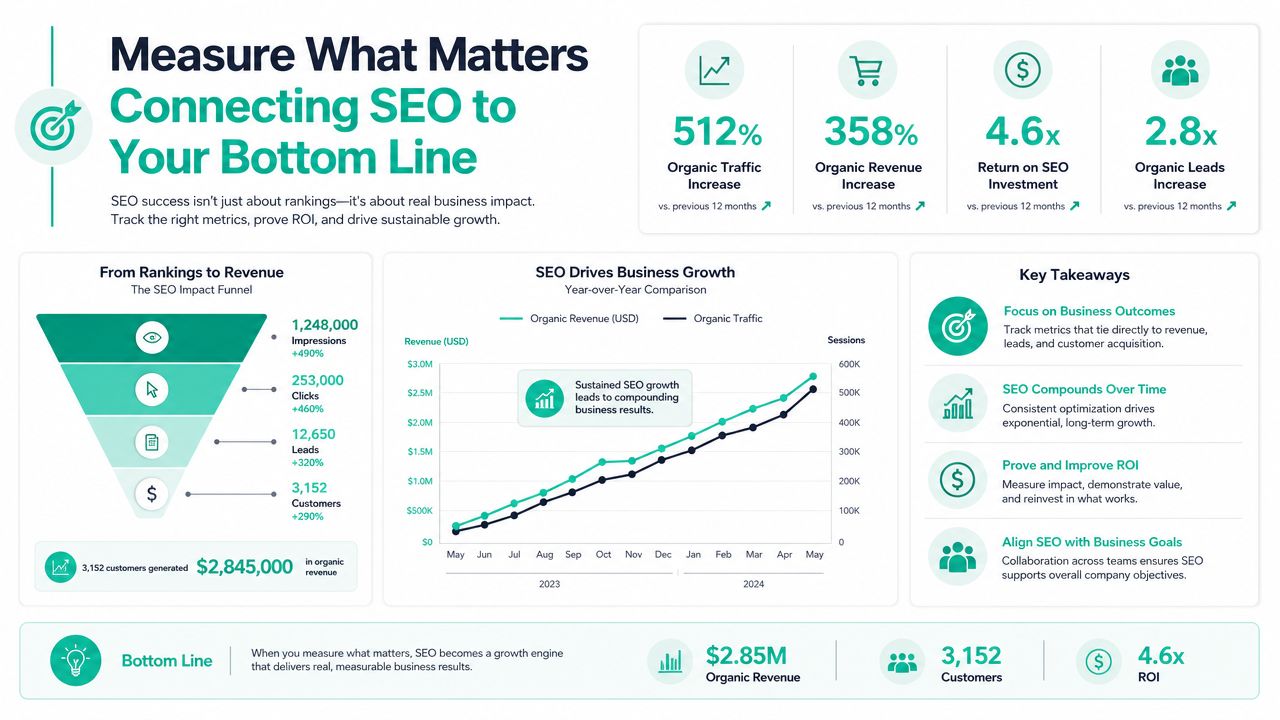 An infographic showing how SEO drives business growth, featuring statistics on traffic, revenue, leads, and customer acquisition.