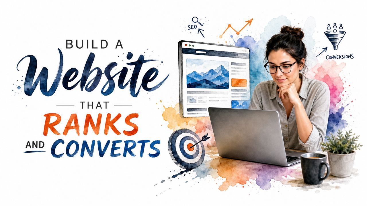 A woman working on a laptop with illustrations of SEO, a target, and conversion funnels nearby.