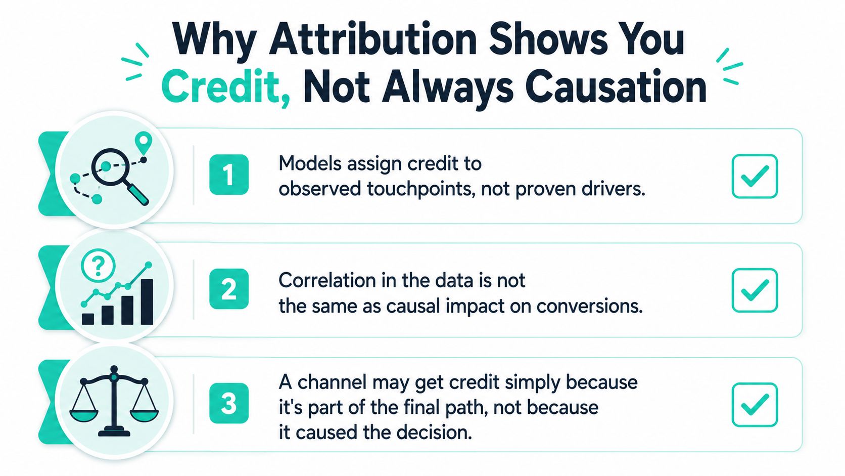 An infographic explaining three reasons why marketing attribution shows credit rather than true causal impact.