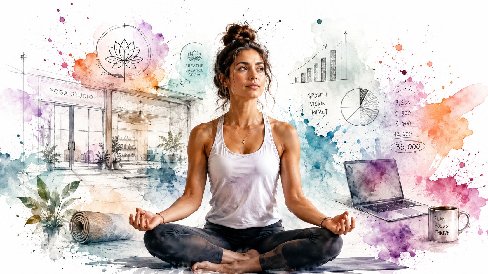 A woman meditating in a yoga studio surrounded by business growth charts and digital workspace elements.