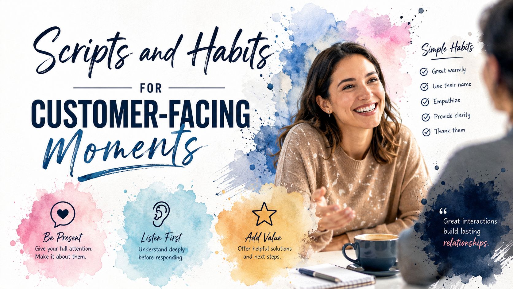 A woman smiling during a meeting, showcasing tips for improving customer service interactions through positive habits.