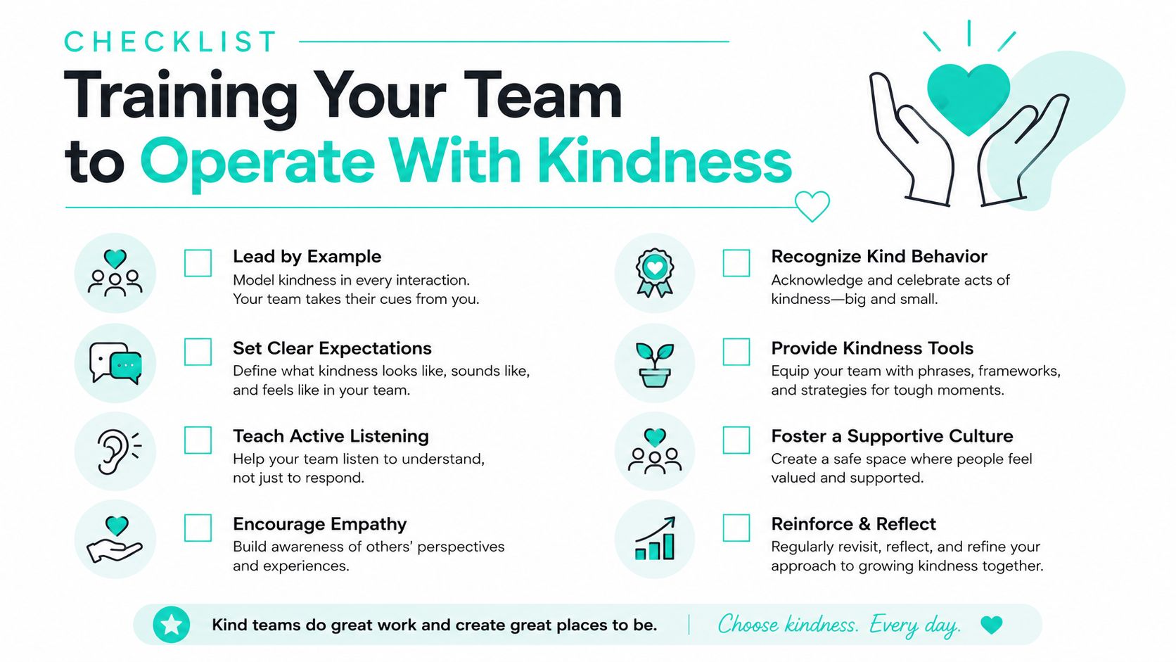 A checklist infographic titled Training Your Team to Operate With Kindness containing eight actionable professional tips.