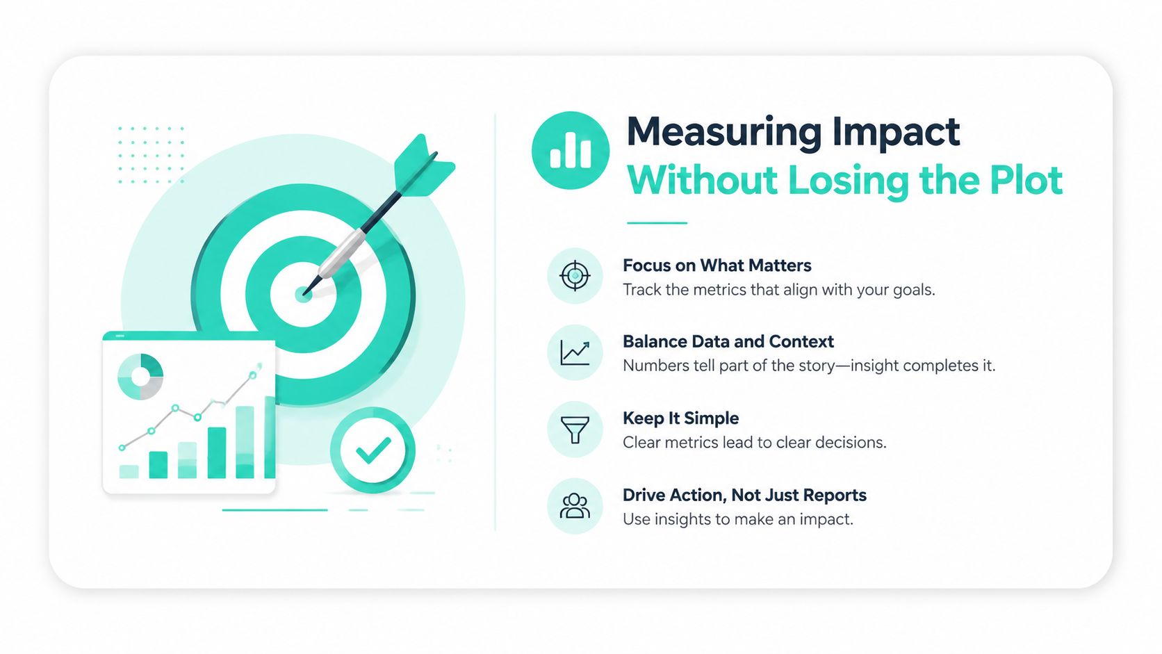 A graphic illustration demonstrating how to measure impact effectively by focusing on clear, actionable business metrics.