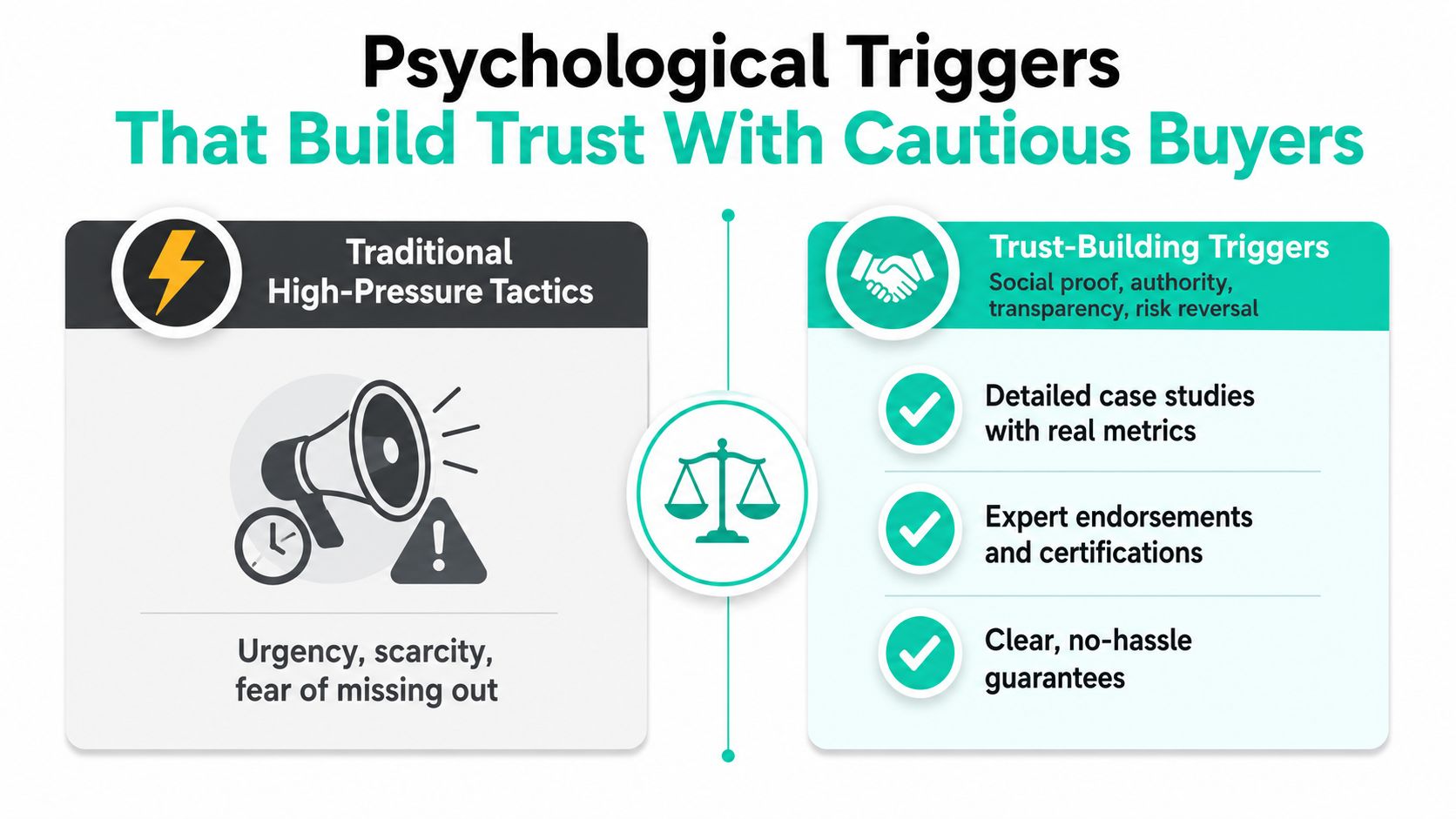 A comparison chart showing traditional high-pressure sales tactics versus trust-building psychological triggers for cautious buyers.