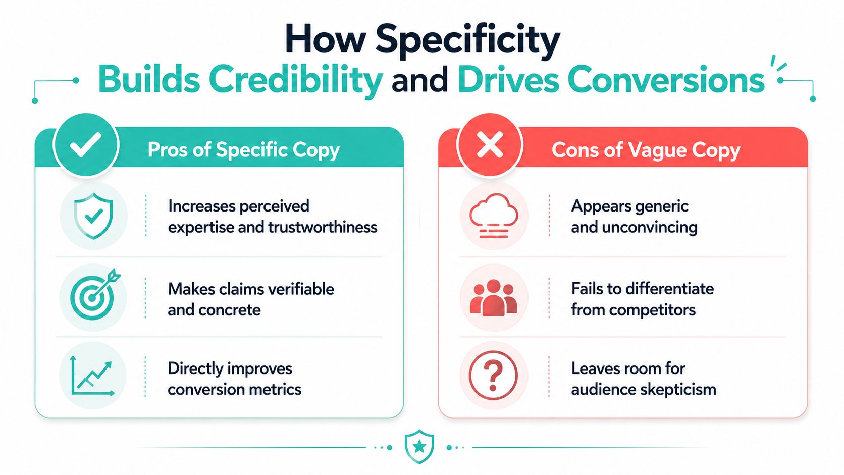 An infographic comparing the benefits of specific copy versus the disadvantages of vague copy for business.