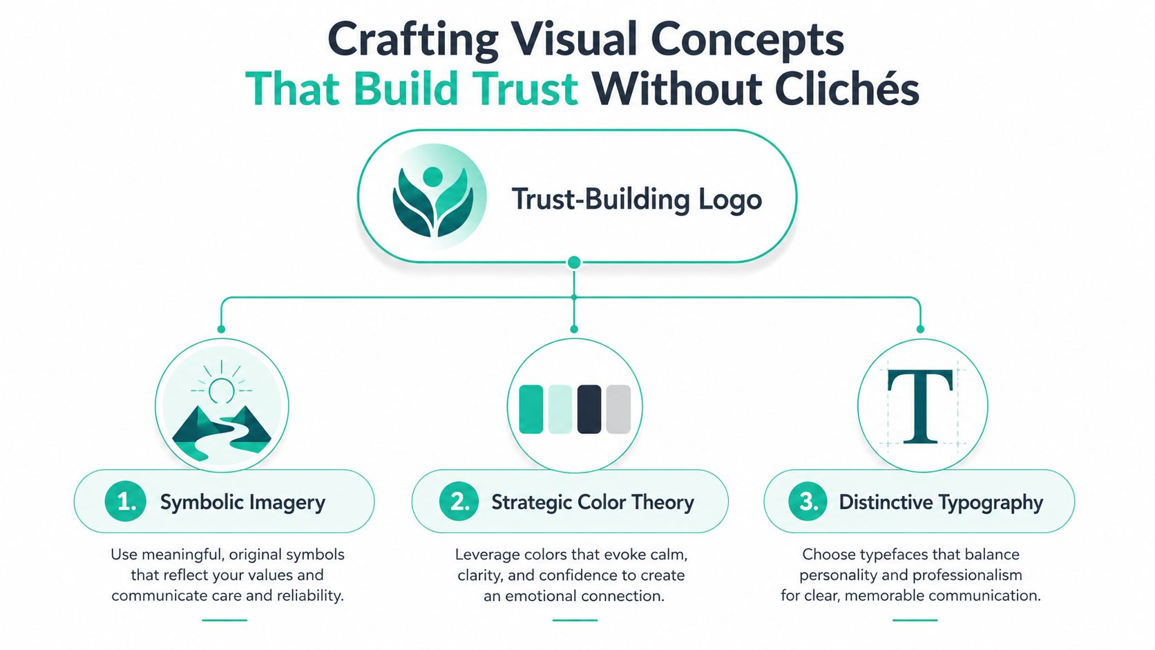 A diagram outlining the three key pillars for crafting a professional, trust-building logo: imagery, color, and typography.
