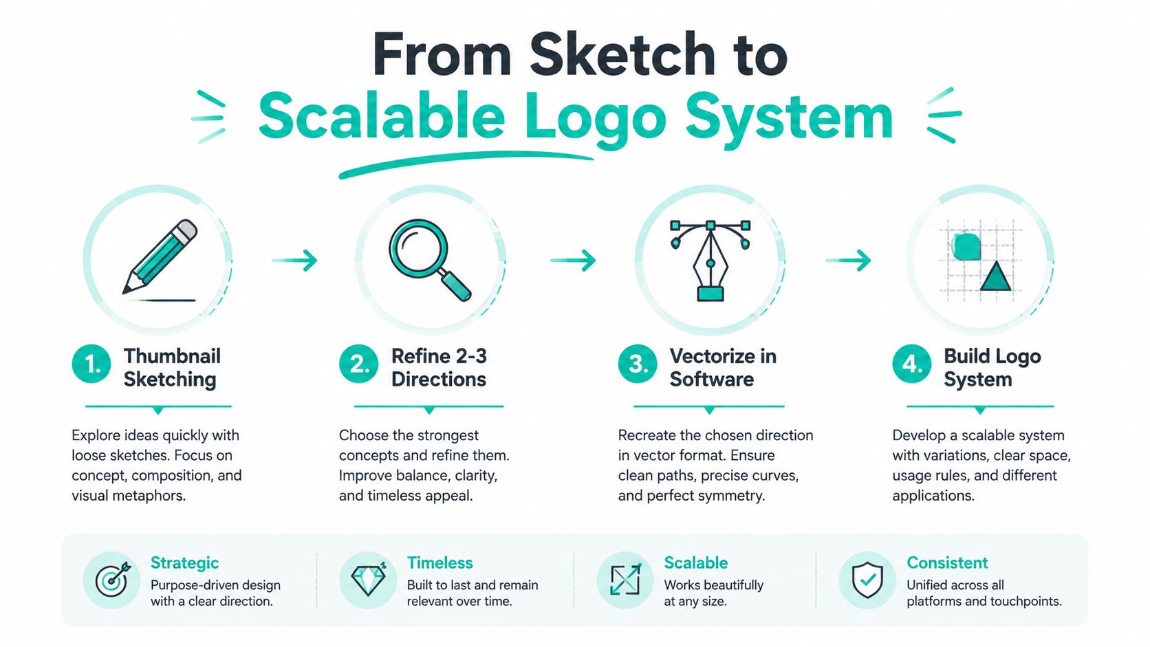 An infographic illustrating the four-step process for creating a professional and scalable logo design system.