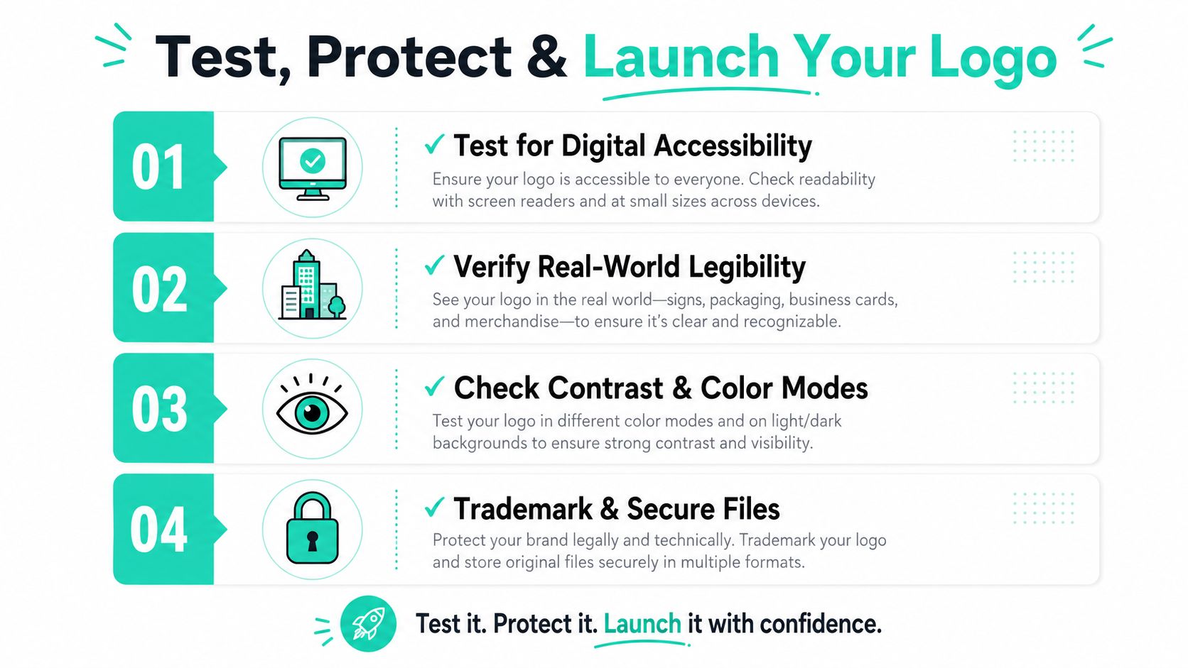 A four-step infographic illustrating how to test, protect, and launch a new professional brand logo.