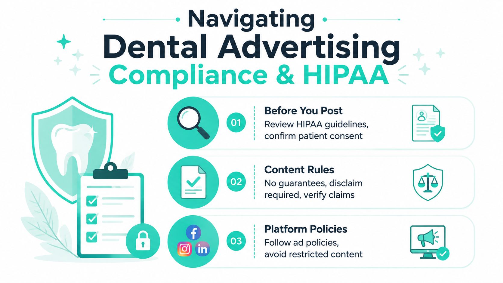 An infographic titled Navigating Dental Advertising Compliance and HIPAA outlining three key steps for dental marketing compliance.