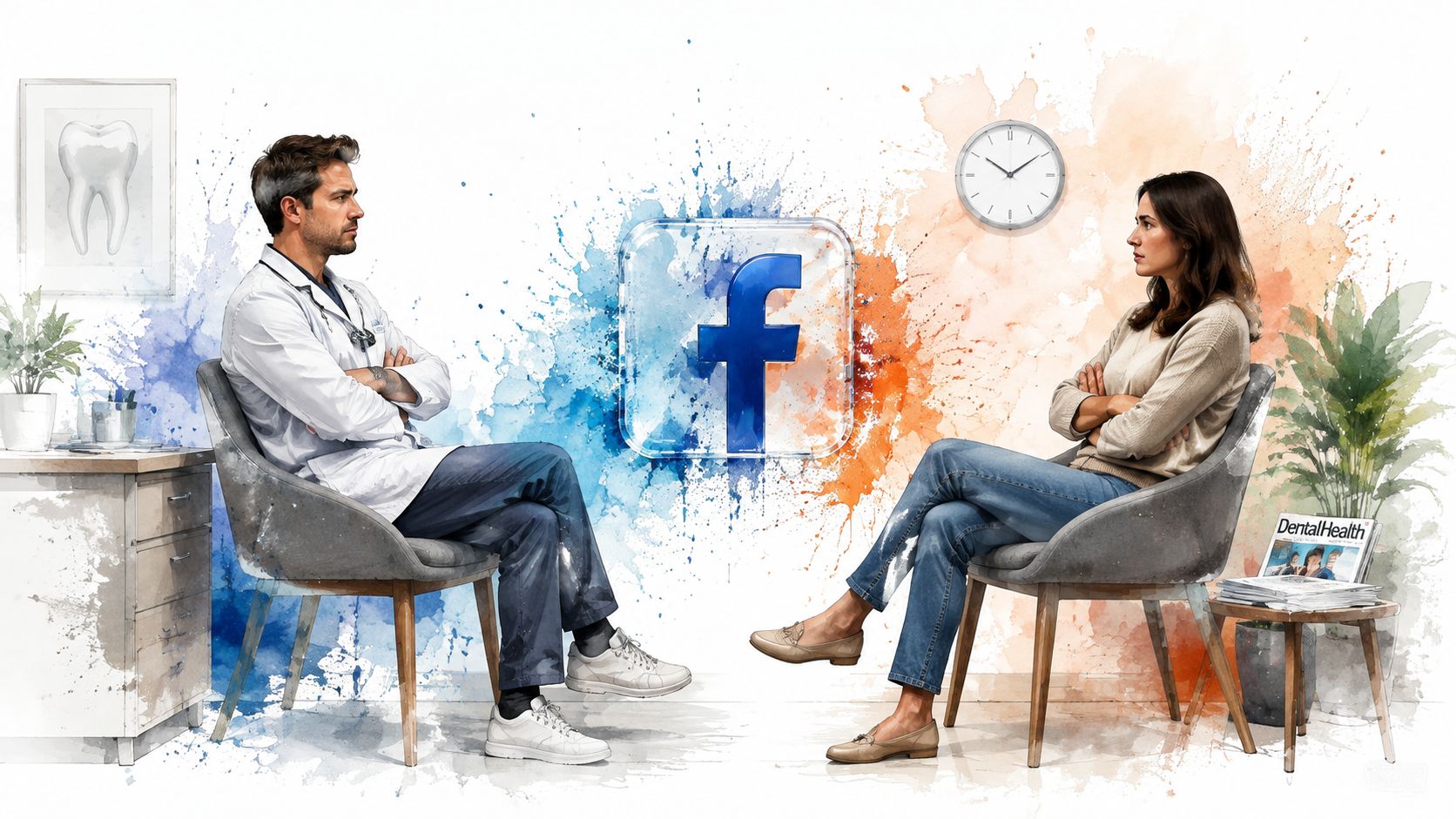 A dentist and a patient sitting across from each other with a Facebook logo between them