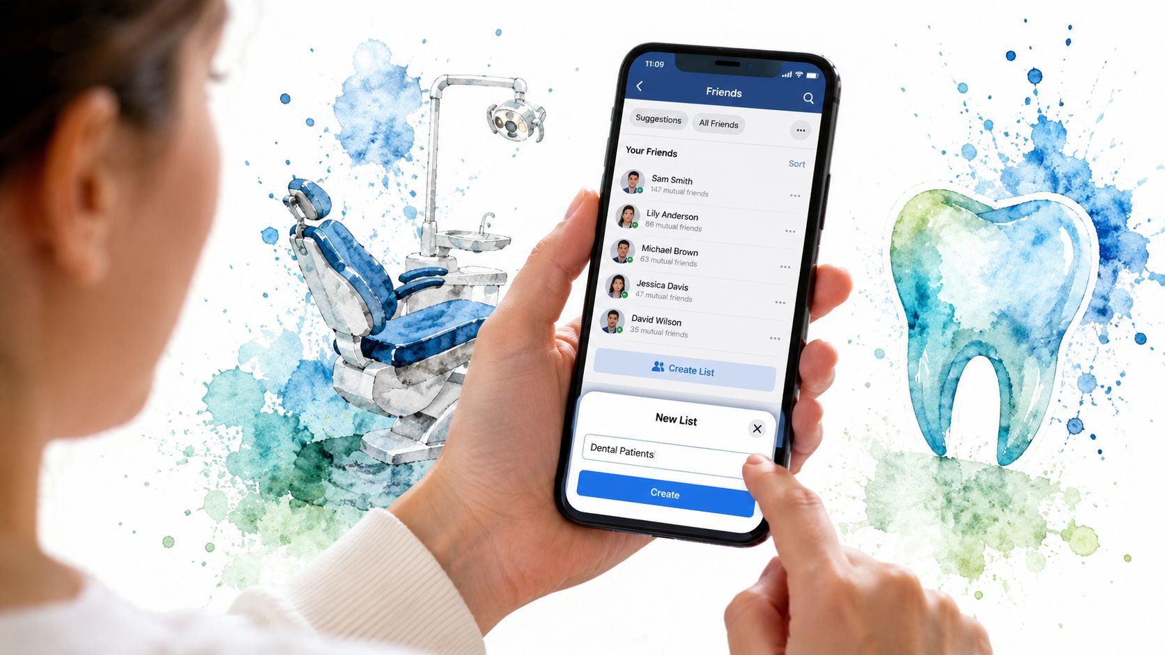 A person holding a smartphone and creating a Facebook custom list named Dental Patients with dentist graphics.