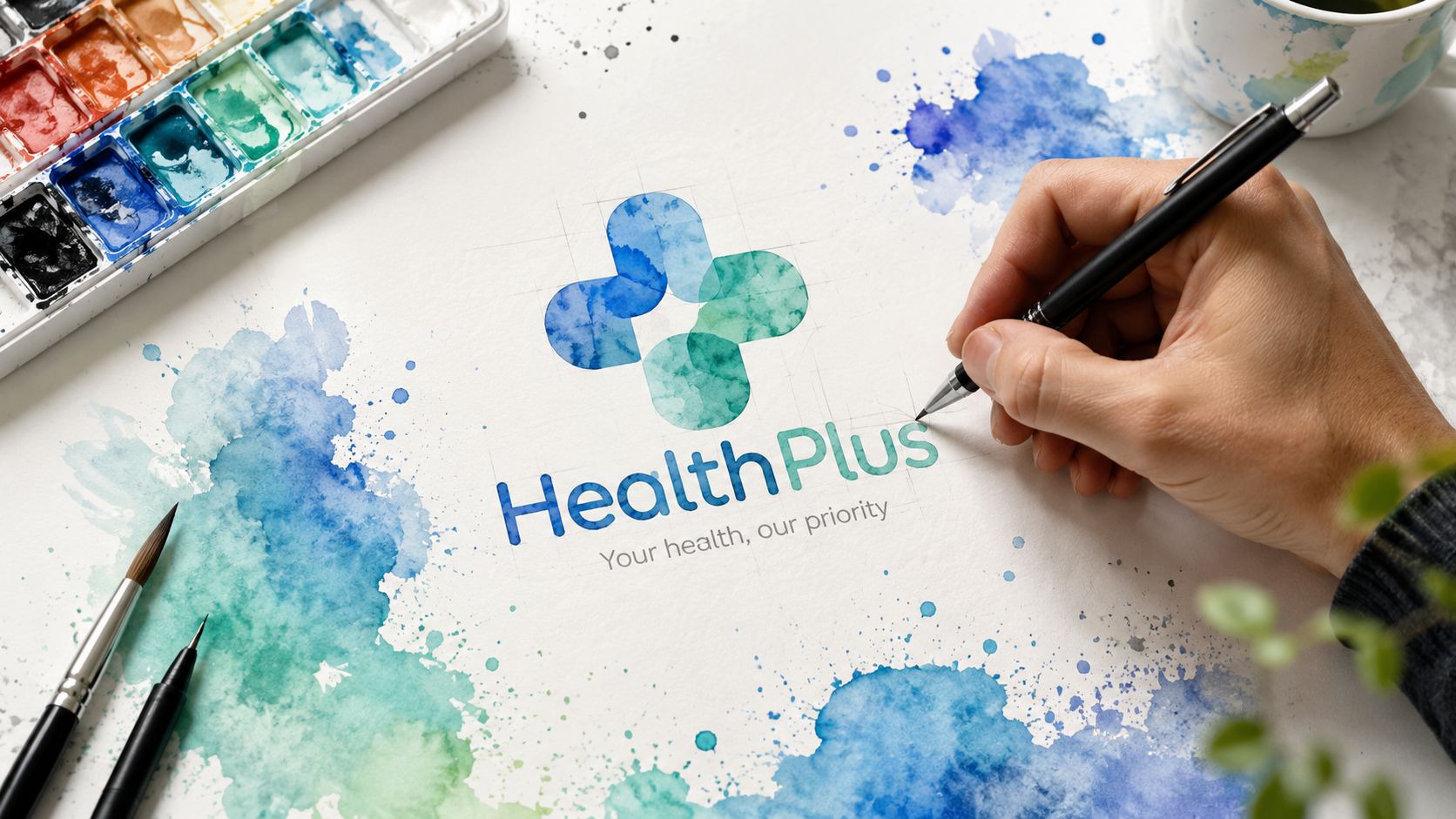 A hand drawing a watercolor healthcare logo design with a paintbrush and paint palette on white paper.