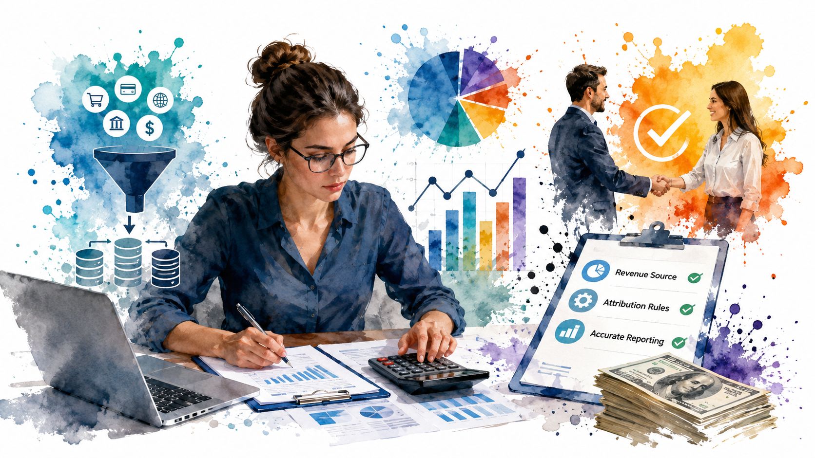 A professional woman analyzing financial marketing data with charts, a calculator, and business reports at her desk.