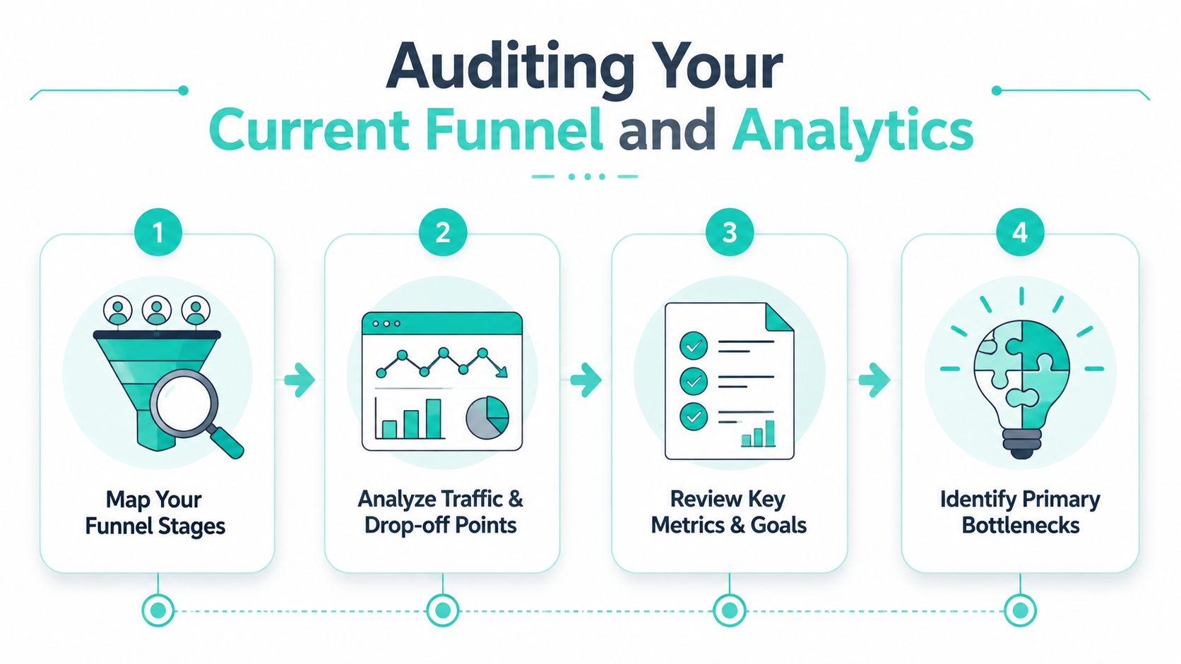 A four-step infographic illustrating the process of auditing a marketing funnel and analyzing user drop-off points.