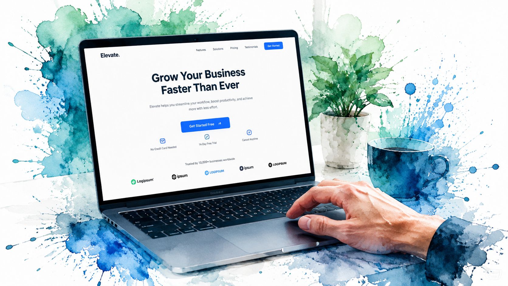 A person using a laptop with an Elevate landing page displayed, promoting business growth and workflow optimization.