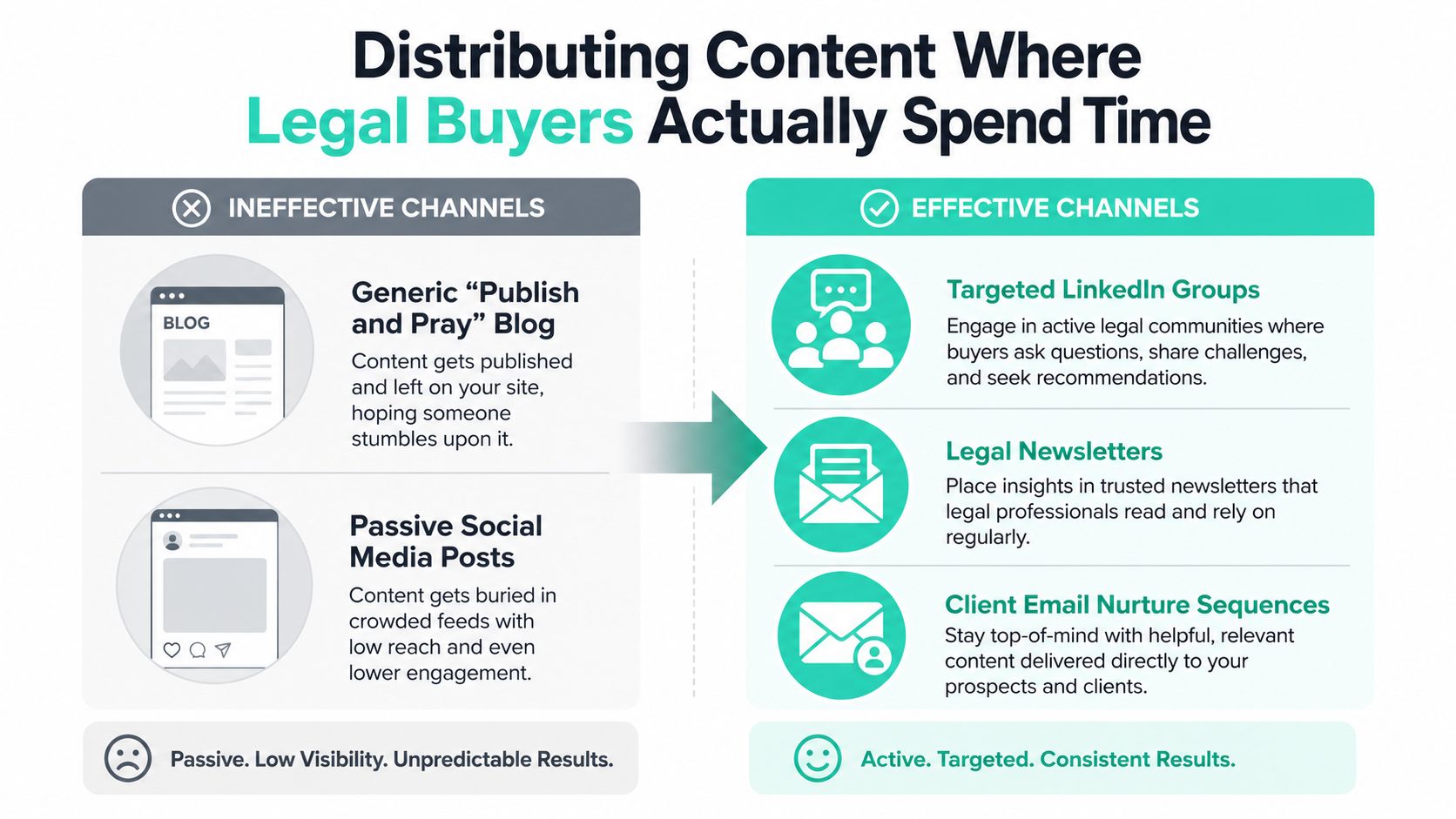 A comparison chart showing ineffective blog and social posts versus effective channels for legal content marketing.