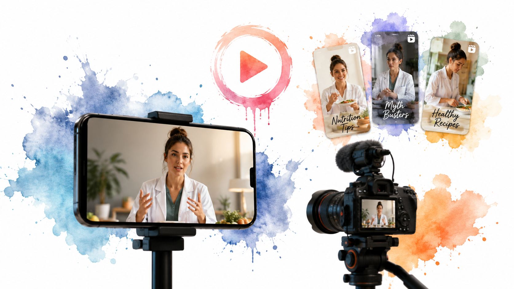 A professional nutritionist recording health and wellness educational content for social media using a professional camera setup.