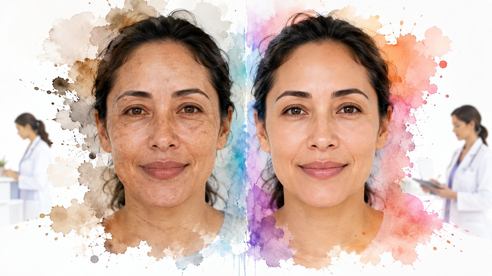 A woman's face shown before and after skin treatment with medical professionals in the background.