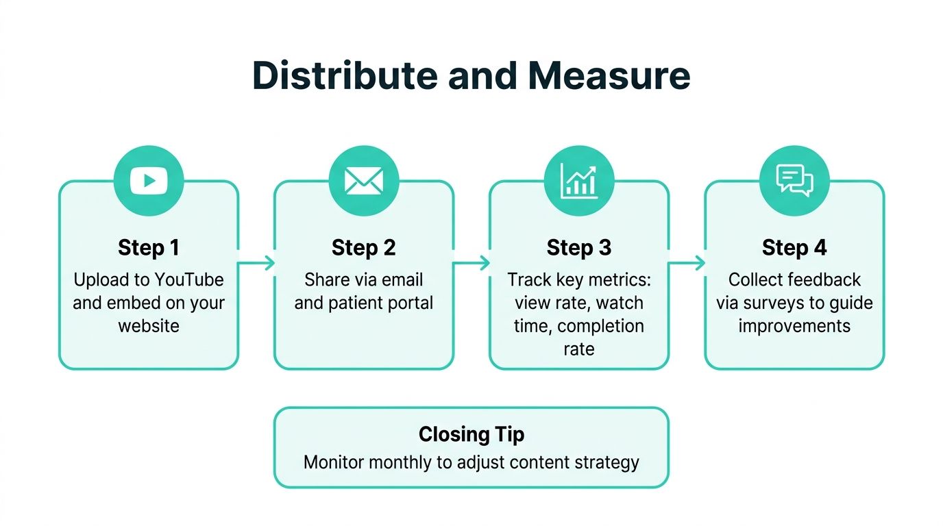 A flowchart showing four steps to distribute and measure patient education videos for better engagement.