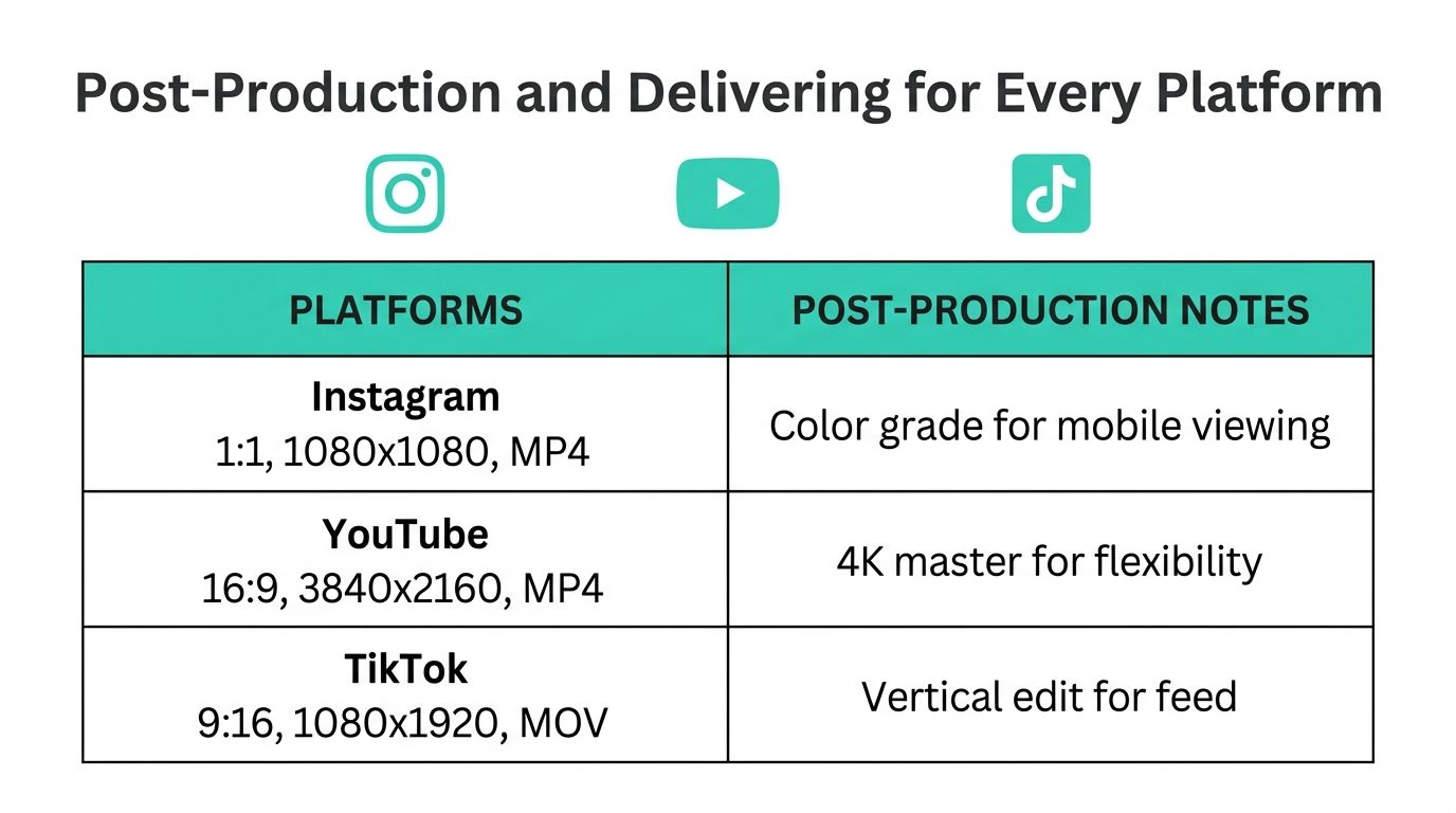 A table outlining post-production and delivery specifications for Instagram, YouTube, and TikTok video content.