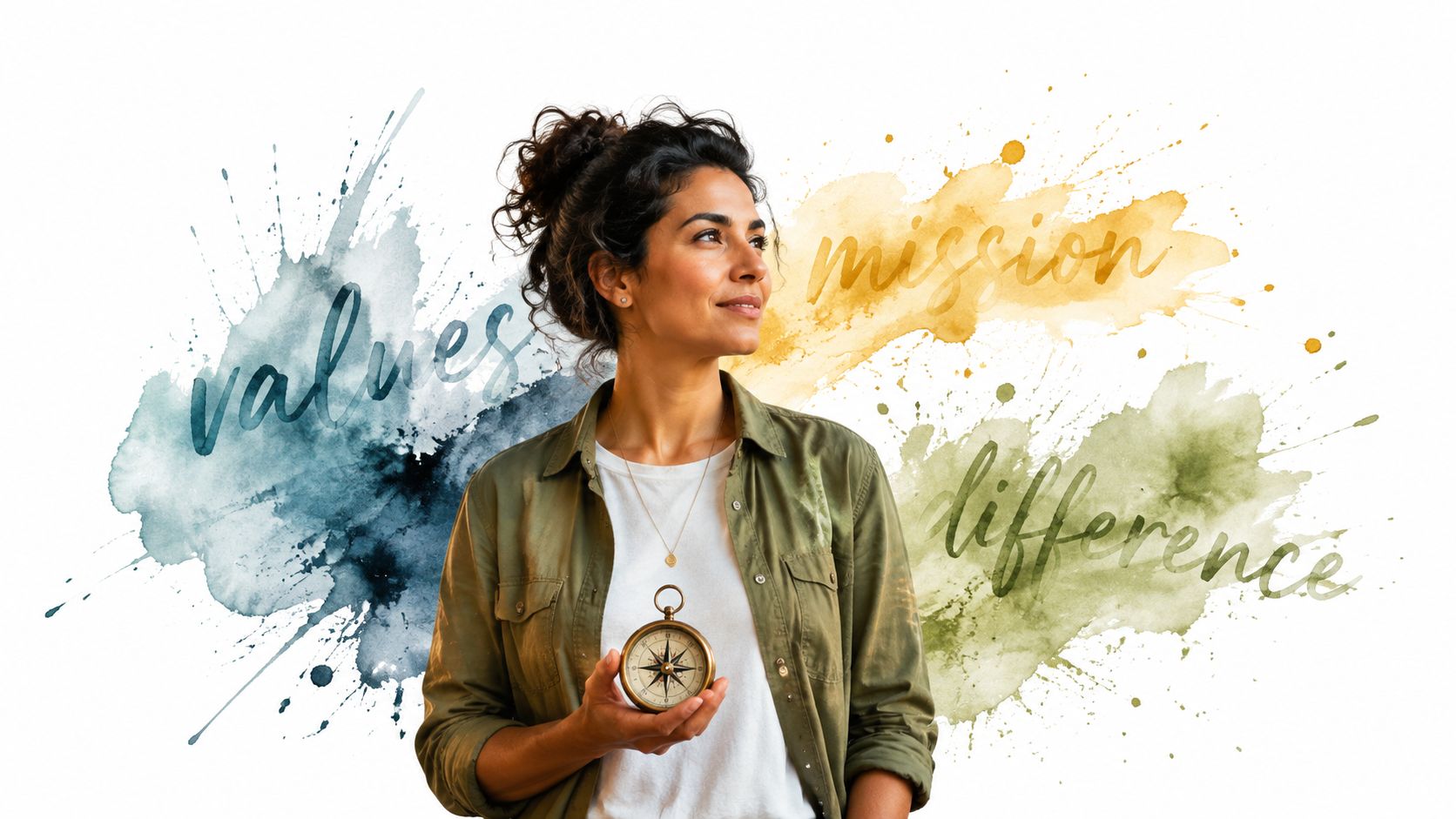 A woman holding a compass standing against watercolor splashes with the words values, mission, and difference.