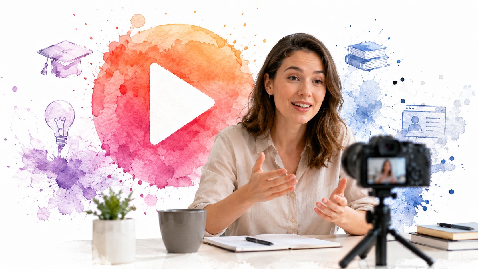 A female vlogger recording an educational video about business marketing tips with creative watercolor graphics behind her.