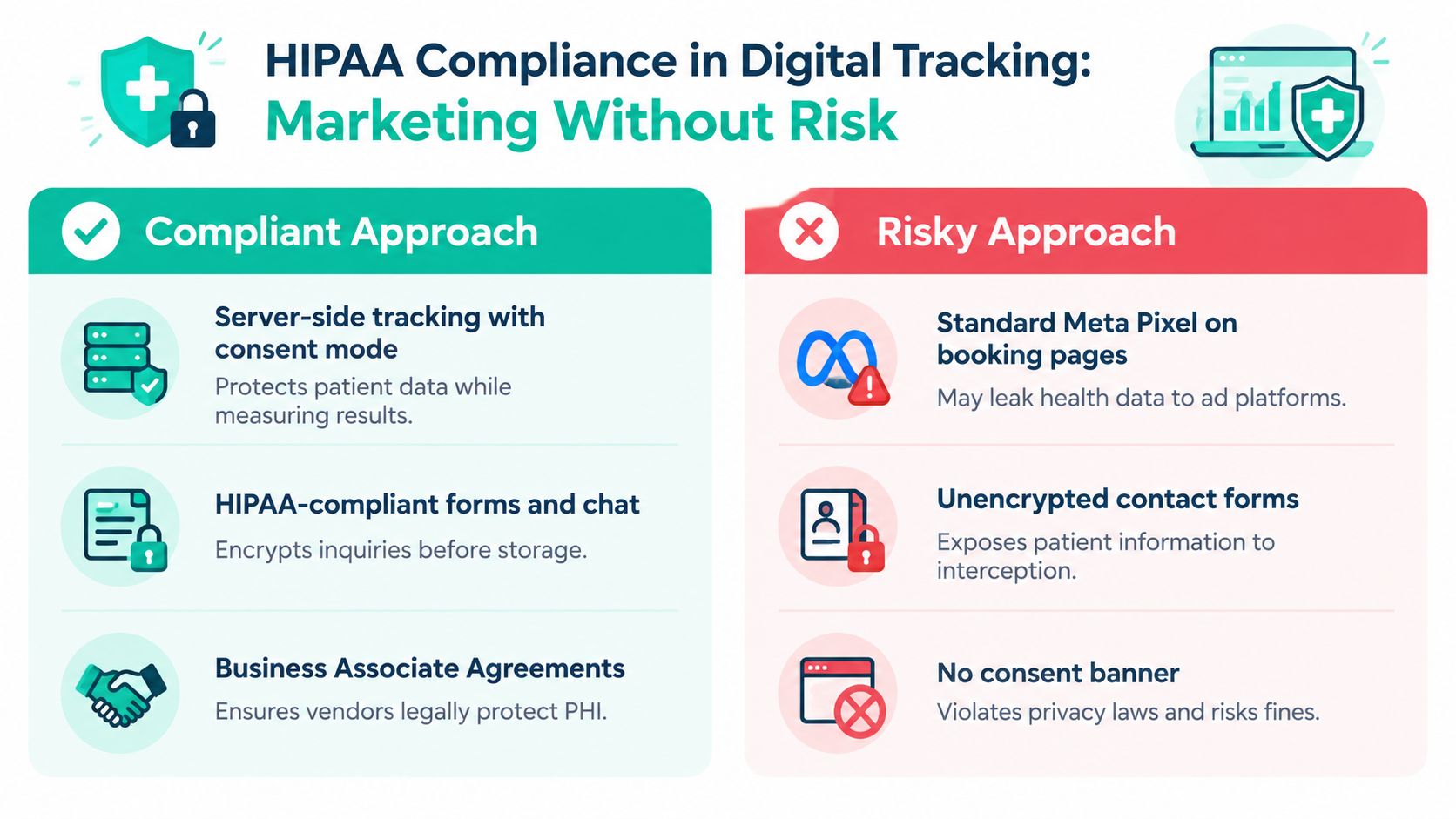 An infographic comparing HIPAA compliant and risky digital marketing tracking practices for healthcare providers and dental practices.
